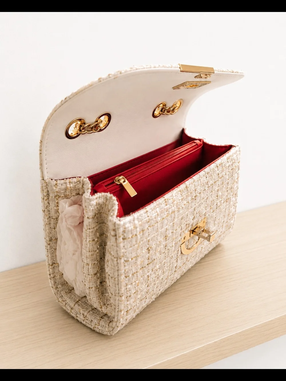 Elegant White Tweed Crossbody Bag with Gold Hardware